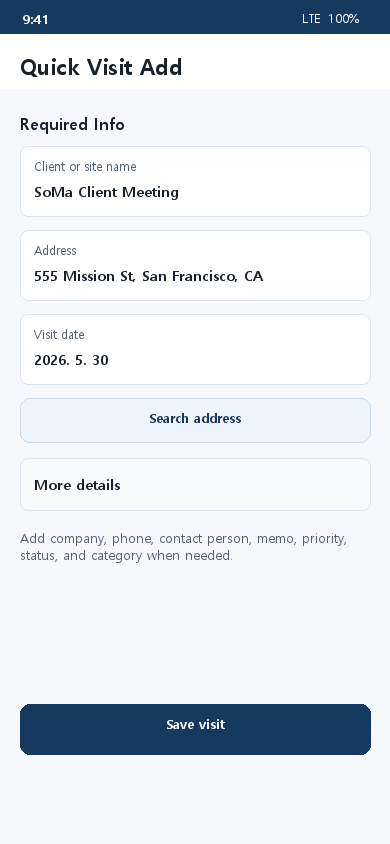 Quick visit add screen