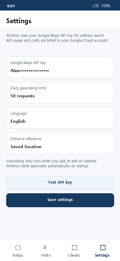 WorkGo settings screen for API key input and testing
